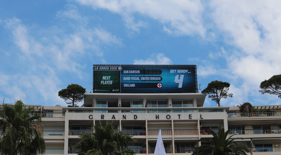 The Le Grand Kick screen at the top of the Grand Hotel during the Cannes Lions Festival of Creativity