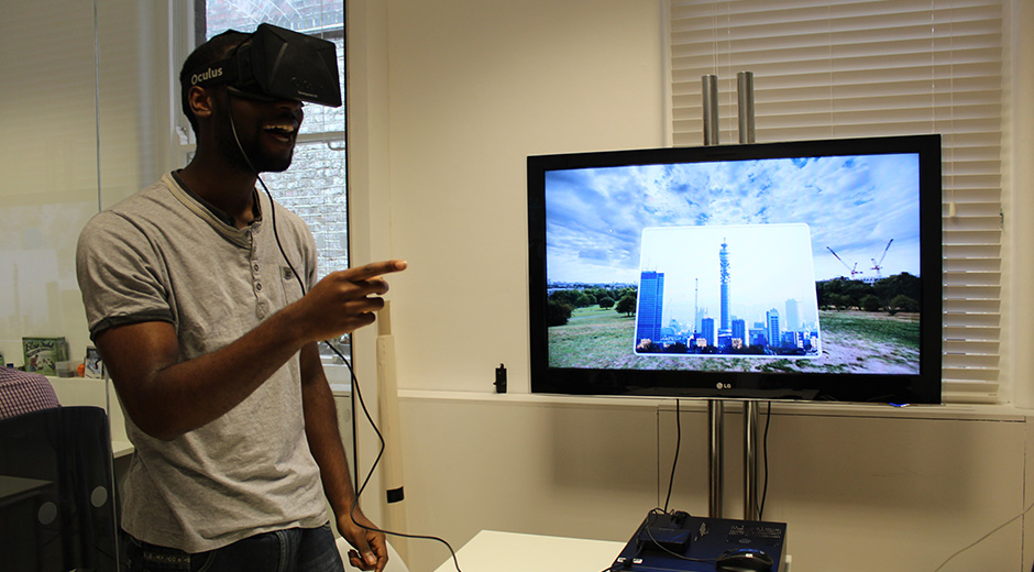 One of the GV Labs team testing out our new WebGL virtual reality dual screen solution