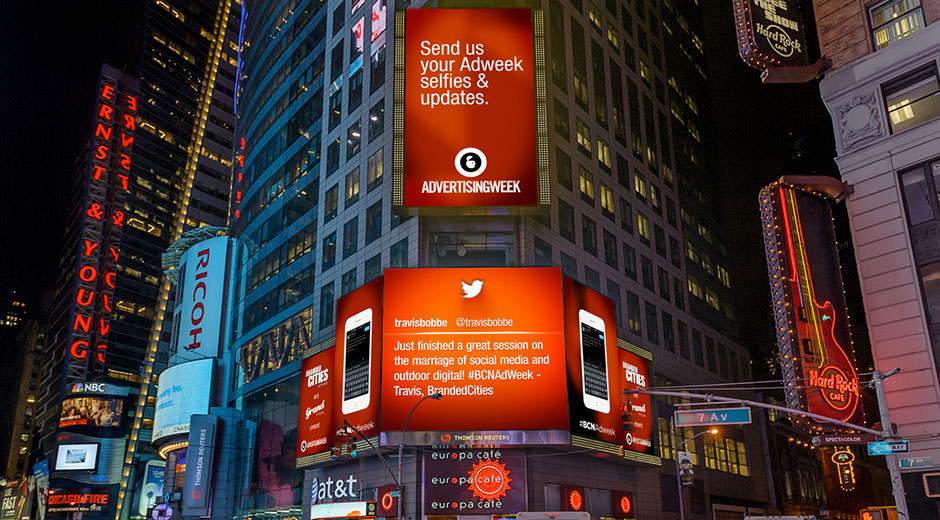 A photo of the Branded Cities dynamic DOOH activation in Times Square during New York Adweek