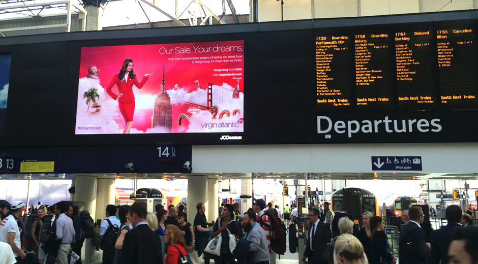 A photo of the Virgin Atlantic Dream Ticket dynamic DOOH activation at Waterloo
