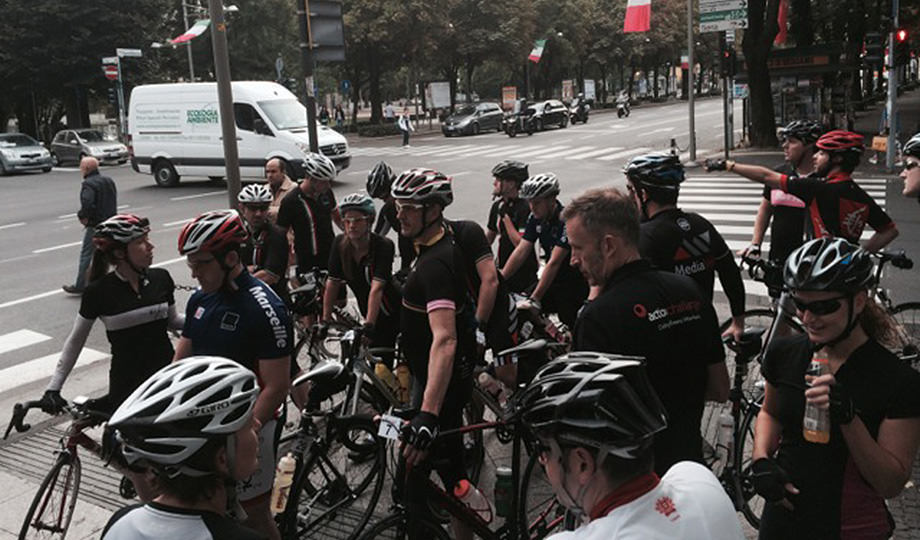 Riders prepare for the off on the first day of the Kinetic Tour of Lombardy charity bike ride
