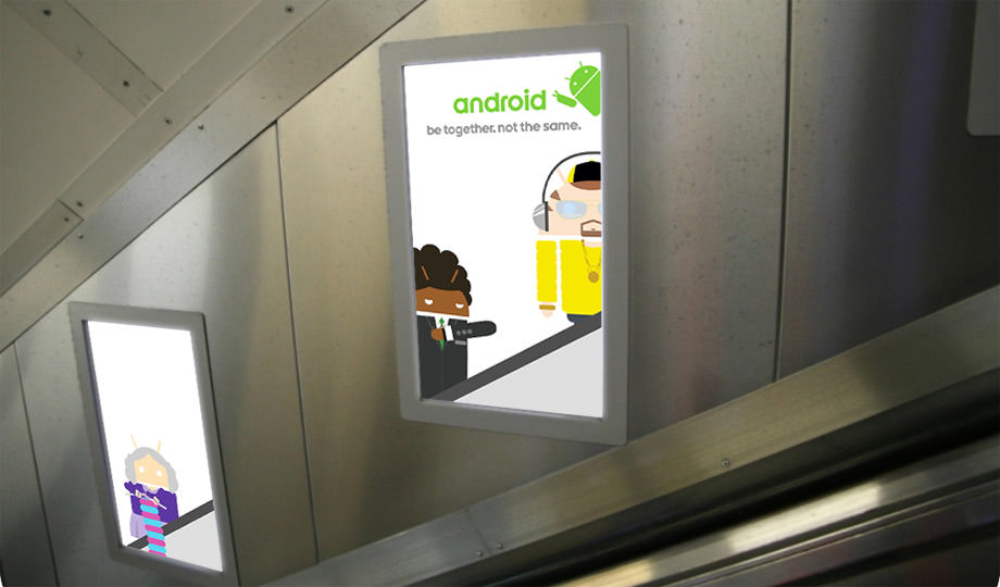 A photo of a London Underground escaltor running the Androidify campaign DEP execution