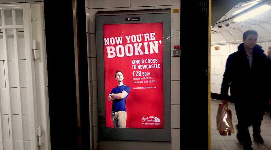 A digital poster displaying the Virgin Trains Live Prices DOOH creative